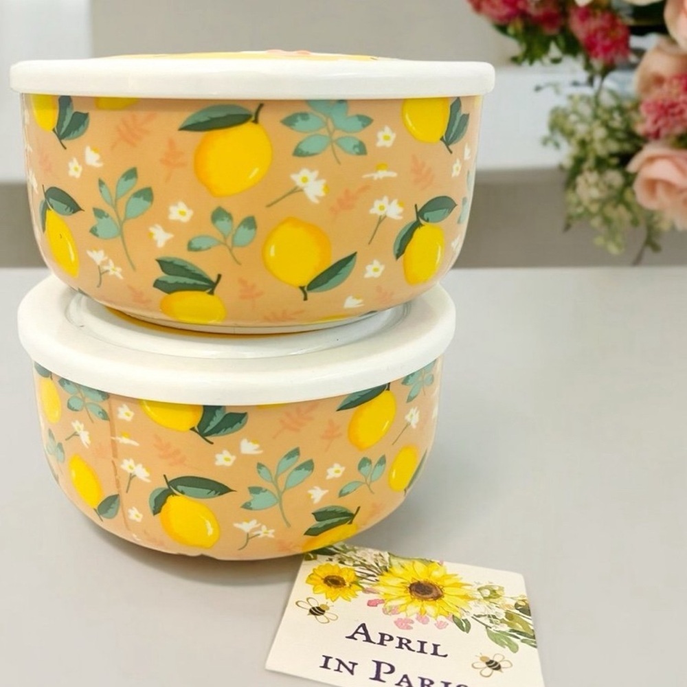 Set of TWO Ceramic Lemon Covered Soup Storage Bowls Farmhouse Cottagecore